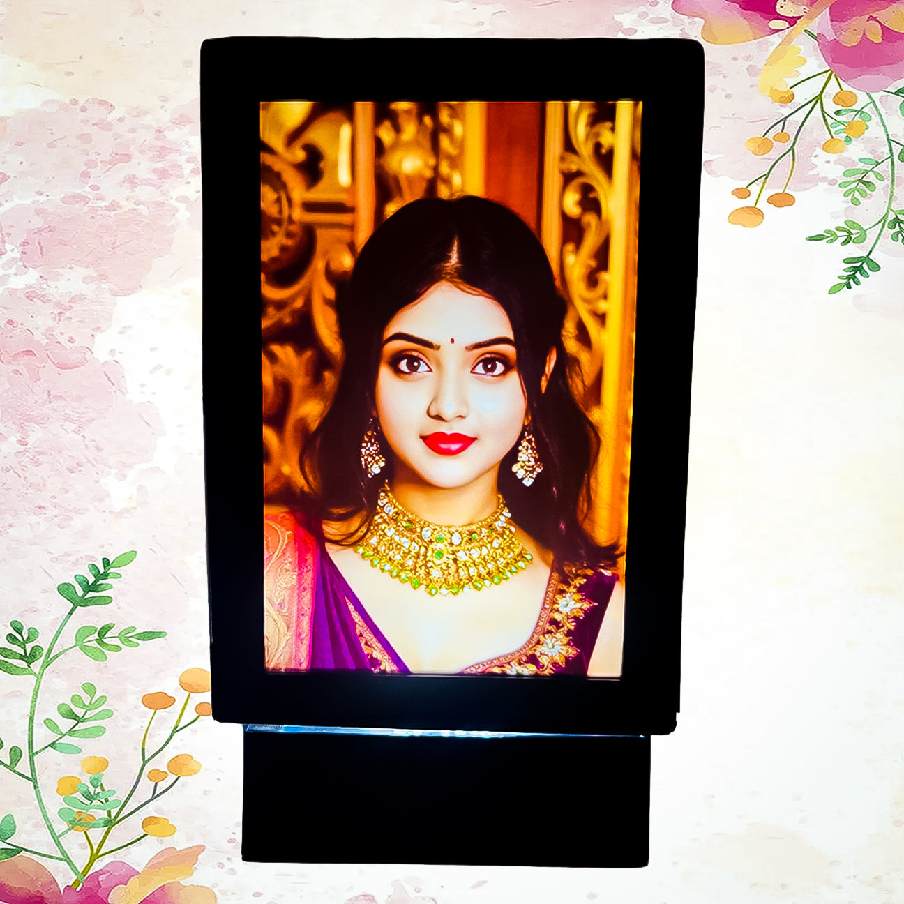 Rectangular personalized LED photo lamp with custom portrait print